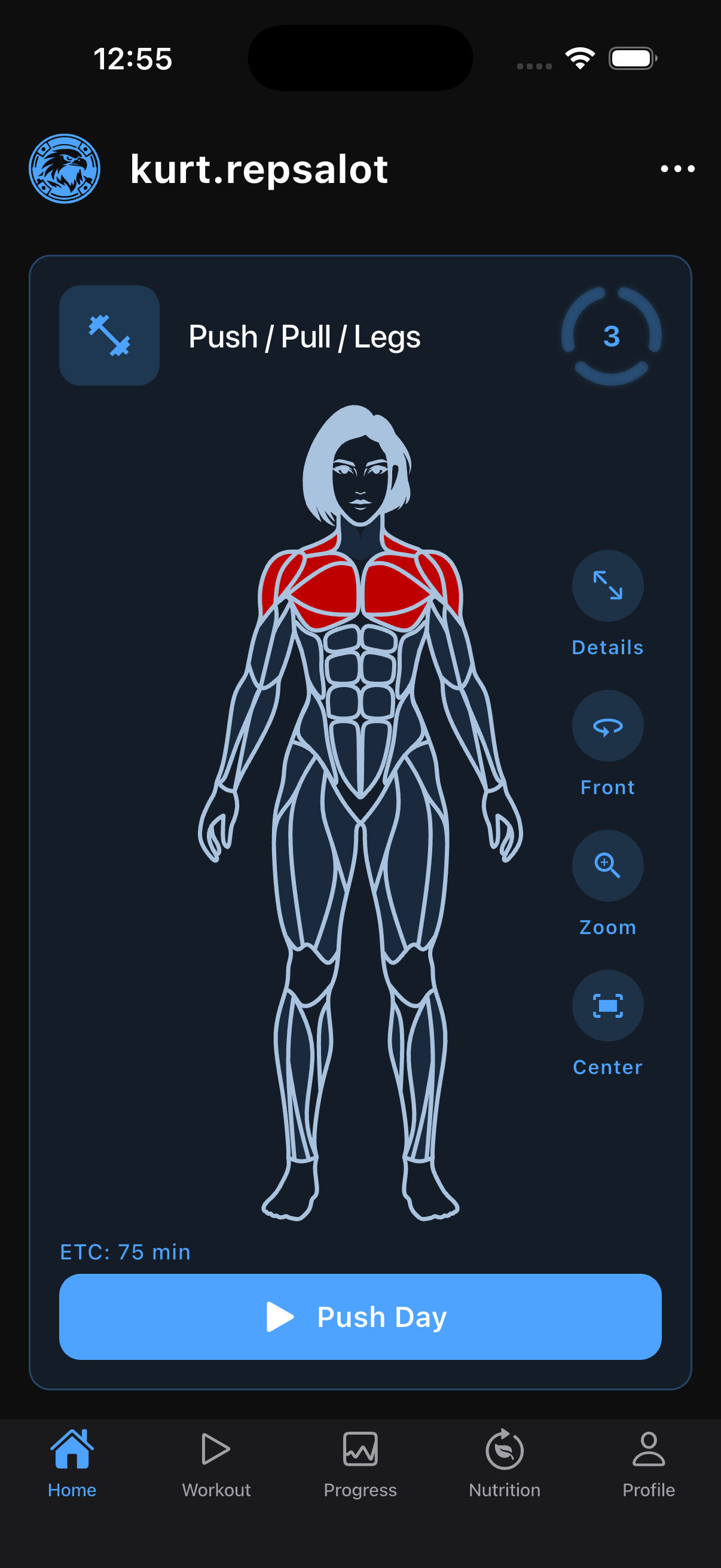 NoRestNest home screen: today's program, the muscles it hits, and a Start button